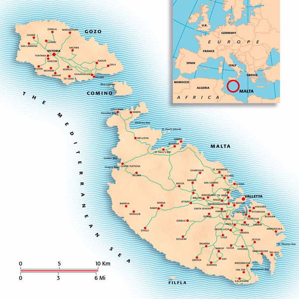 Detailed map of Malta with cities.