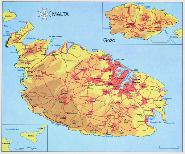 Large detailed elevation map of Malta.