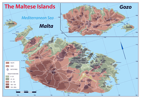 Large detailed physical map of Malta.