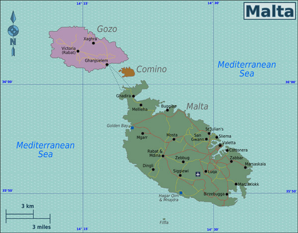 Large map of Malta with roads and cities.