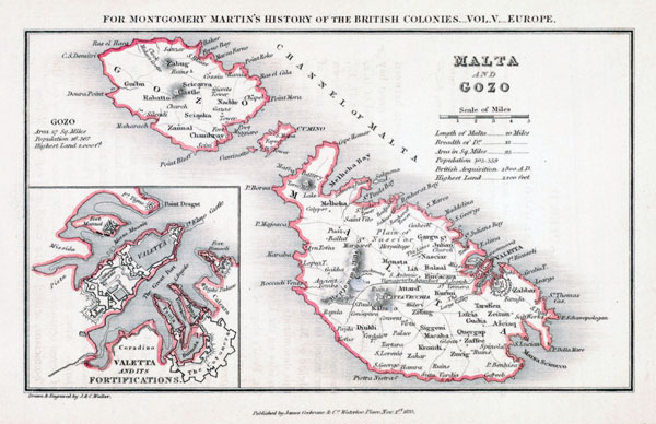 Large old map of Malta with cities - 1835.