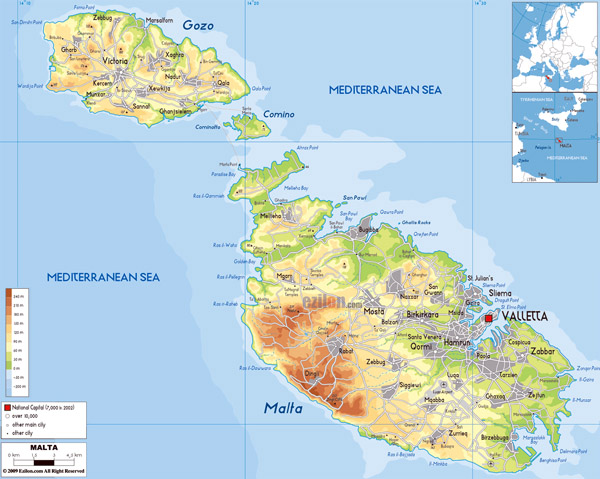 Large physical map of Malta with roads, cities and airports.