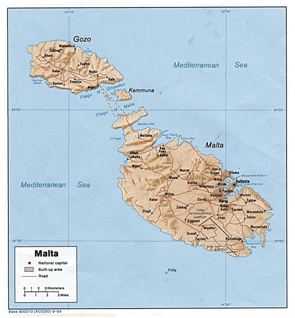 Large political map of Malta with relief, roads and cities - 1984.