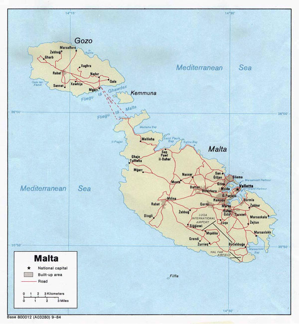 Large political map of Malta with roads and cities - 1984.
