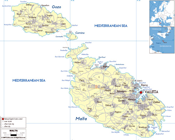 Large political map of Malta with roads, cities and airports.