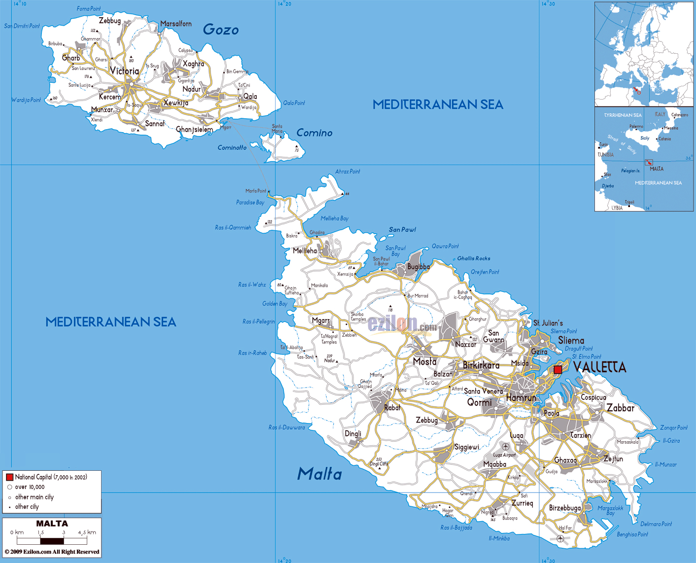 Large road map of Malta with cities and airports Maps