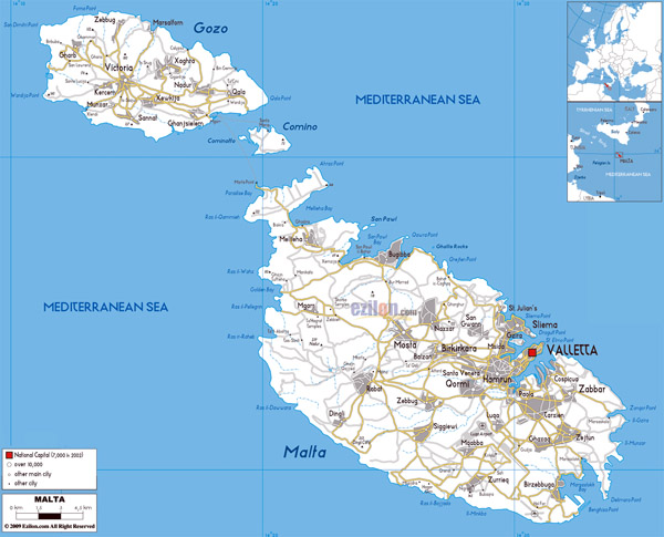 Large road map of Malta with cities and airports.