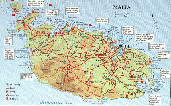 Large road map of south Malta. South Malta large road map.