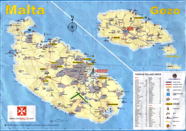 Large scale tourist map of Malta with roads and cities.