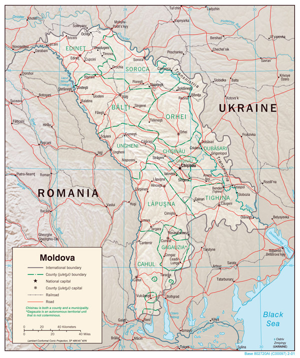 Large detailed political and administrative map of Moldova with relief, roads and cities - 2001.