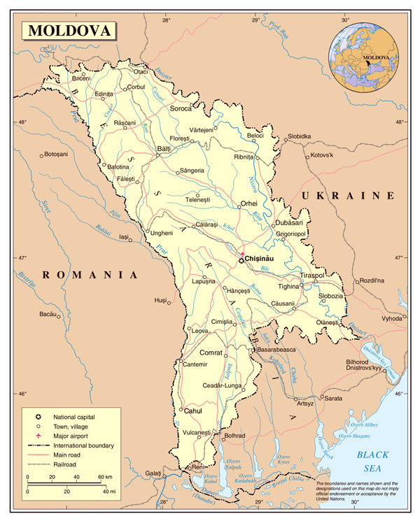 Large detailed political map of Moldova with major roads, major cities and airports.