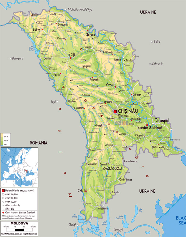 Large physical map of Moldova with roads, cities and airports.