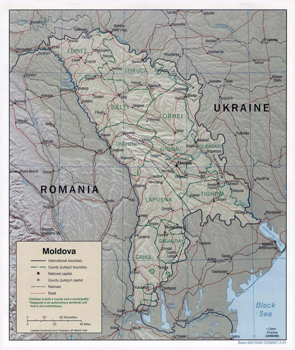 Large political and administrative map of Moldova with relief, roads and major cities - 2001.