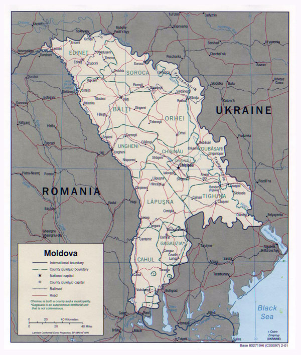 Large political and administrative map of Moldova with roads and major cities - 2001.