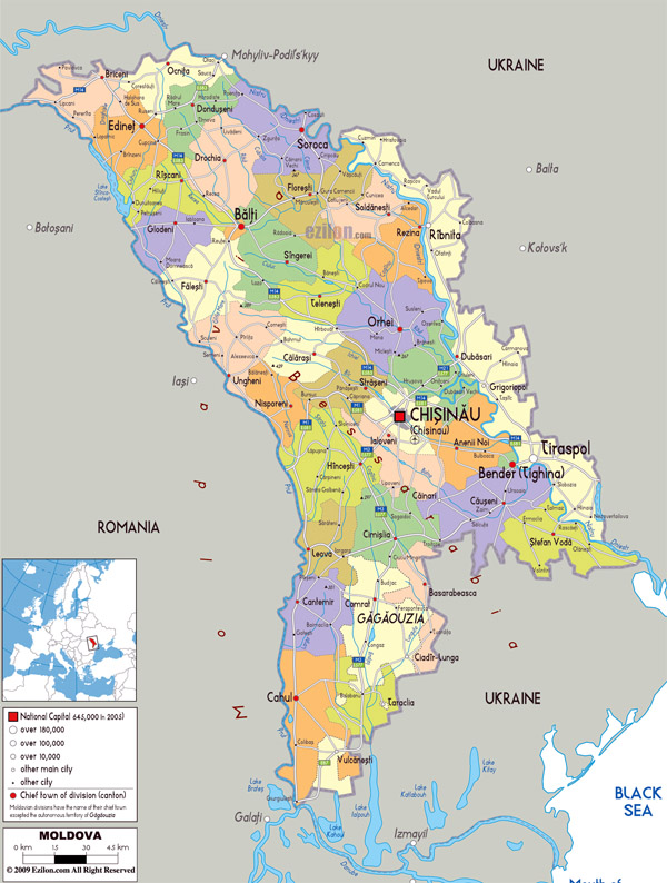 Large political and administrative map of Moldova with roads, cities and airports.