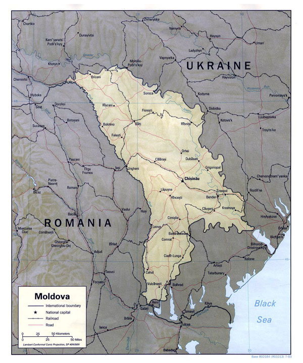 Large political map of Moldova with relief, roads and major cities - 1993.