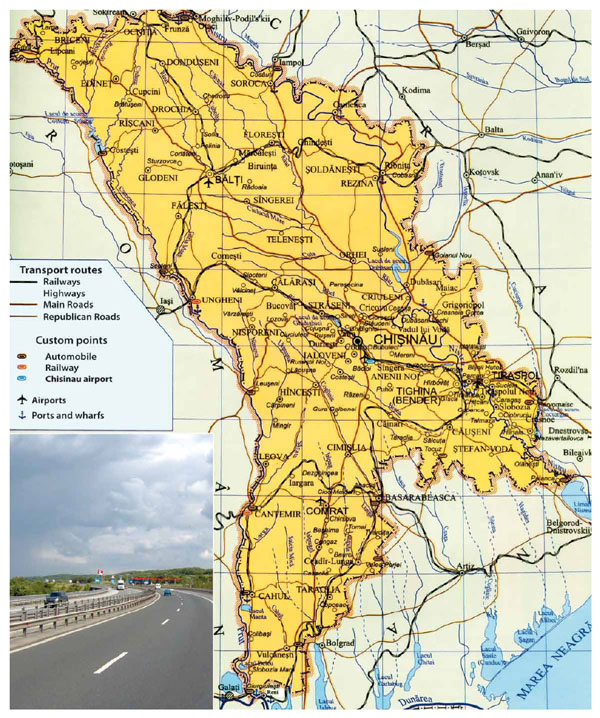 Large roads and railways map of Moldova with cities.