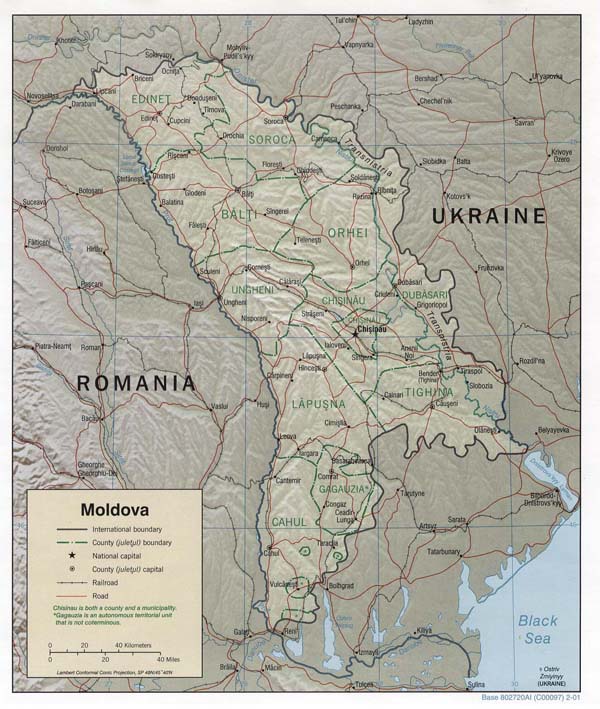 Relief and administrative map of Moldova.