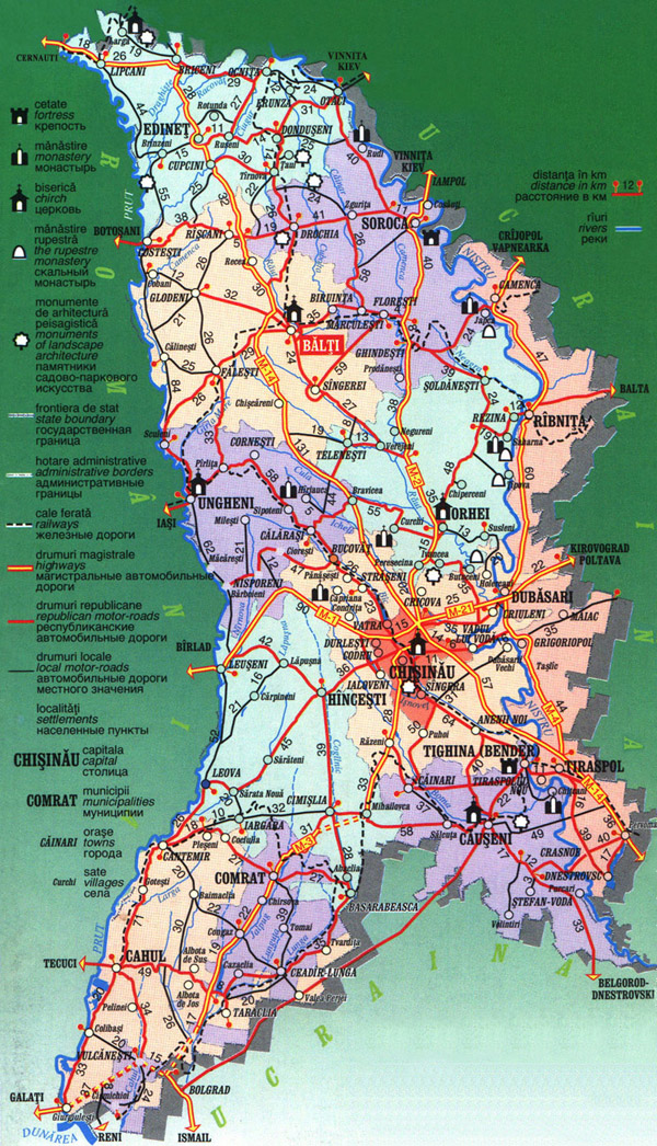 Road and travel map of Moldova. Moldova road and travel map.