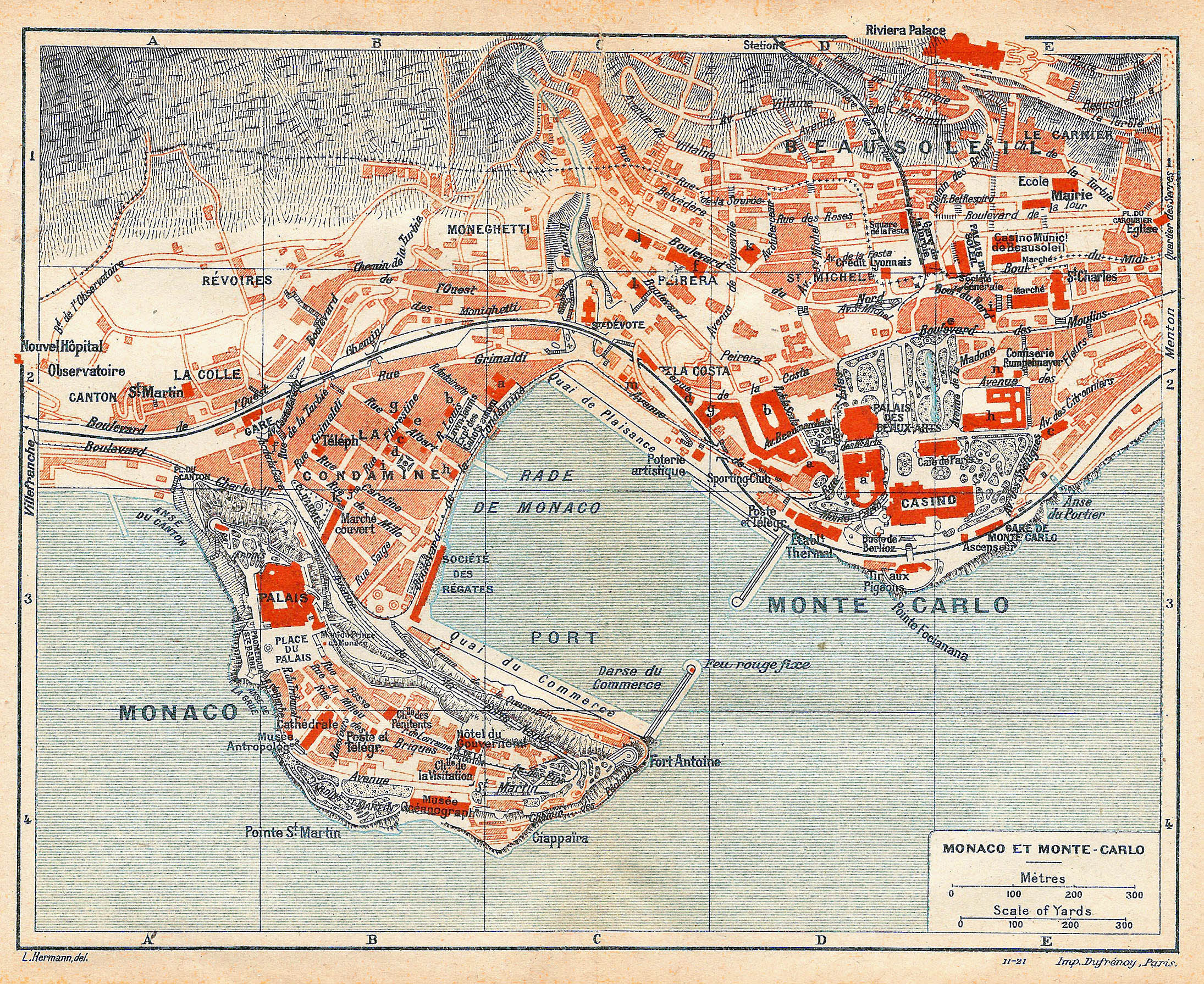 Large detailed old map of Monaco, Monte Carlo 1921