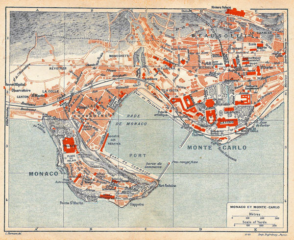 Large detailed old map of Monaco, Monte Carlo - 1921.