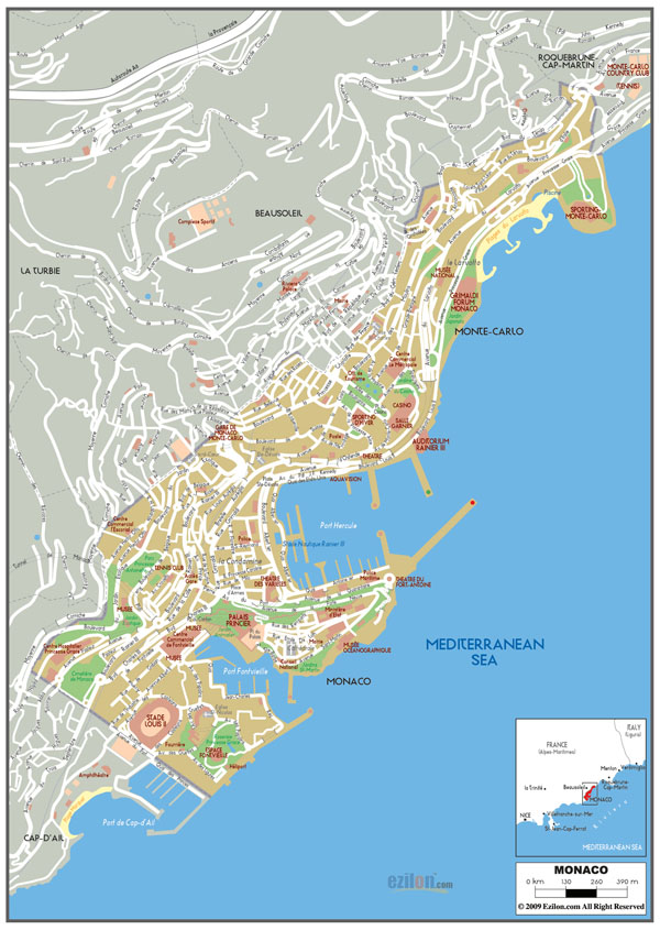 Large detailed roads map of Monaco.