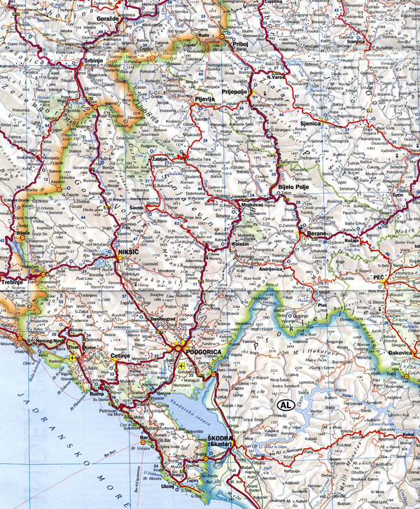 Detailed road map of Montenegro. Montenegro detailed road map.
