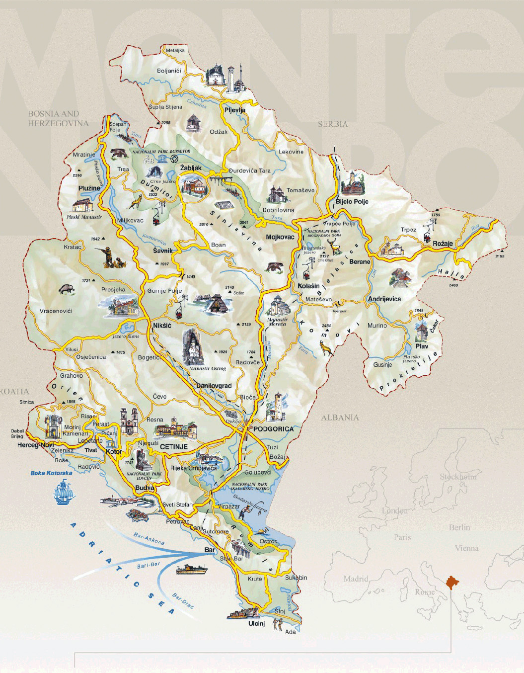 Detailed tourist map of Montenegro. Montenegro detailed tourist map Maps of all