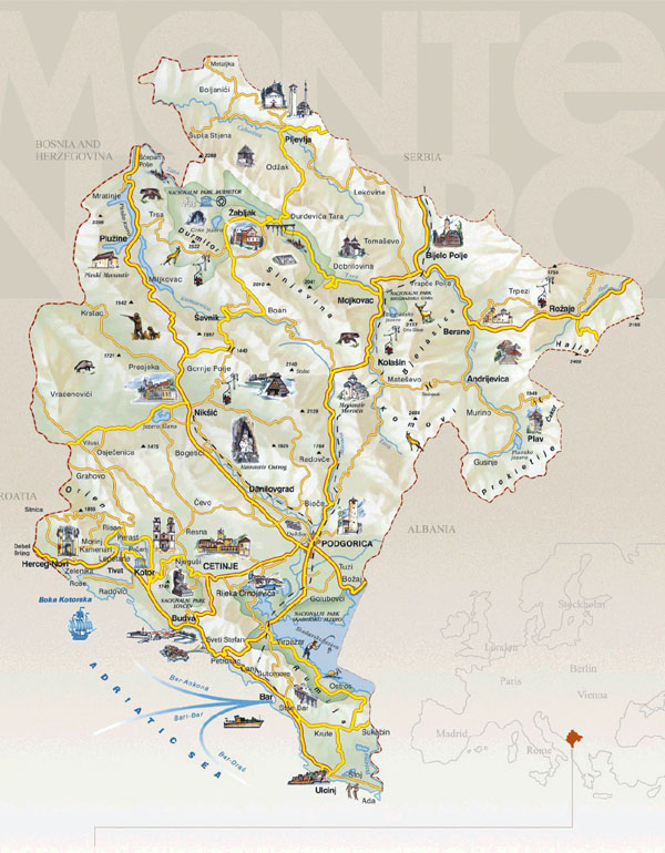 Detailed tourist map of Montenegro. Montenegro detailed tourist map.