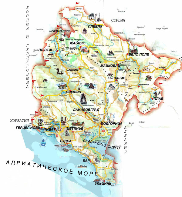 Detailed tourist map of Montenegro in russian.
