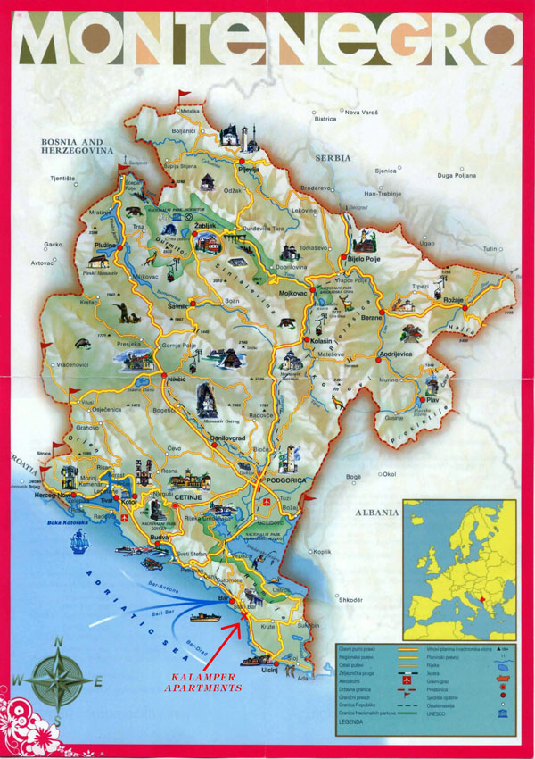 Large detailed tourist map of Montenegro.