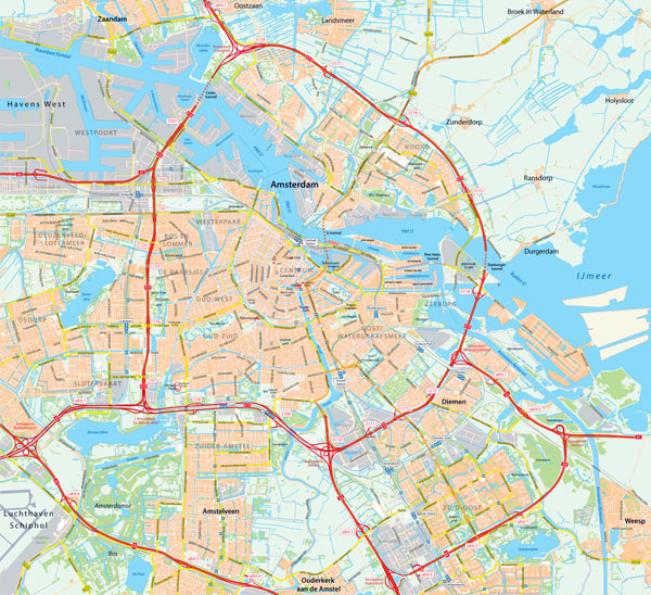 Detailed map of Amsterdam city. Amsterdam detailed map.