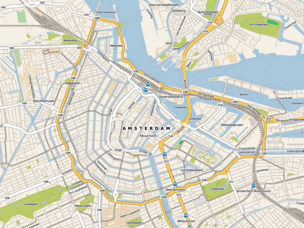 Detailed road map Amsterdam city center. Central part of Amsterdam city