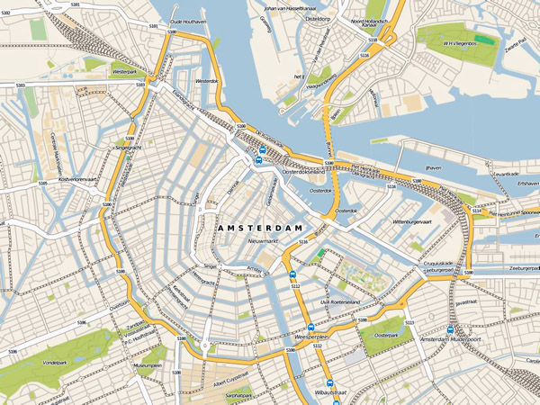 Detailed road map Amsterdam city center. Central part of Amsterdam city detailed road map.