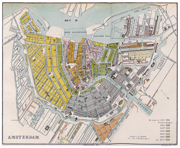 Large detailed old map of Amsterdam city (1385-1875).