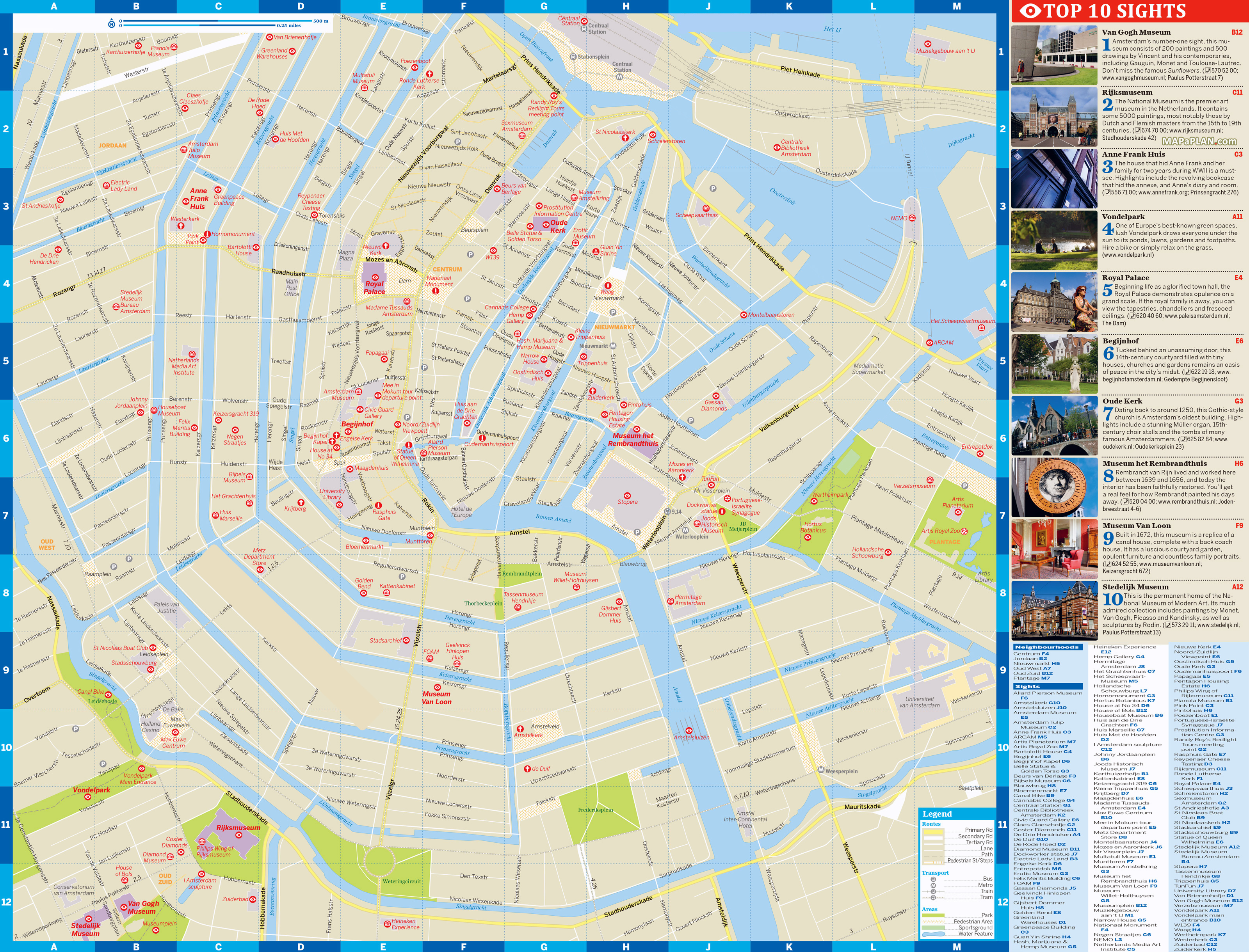 Large detailed top tourist attractions map of central part of Amsterdam