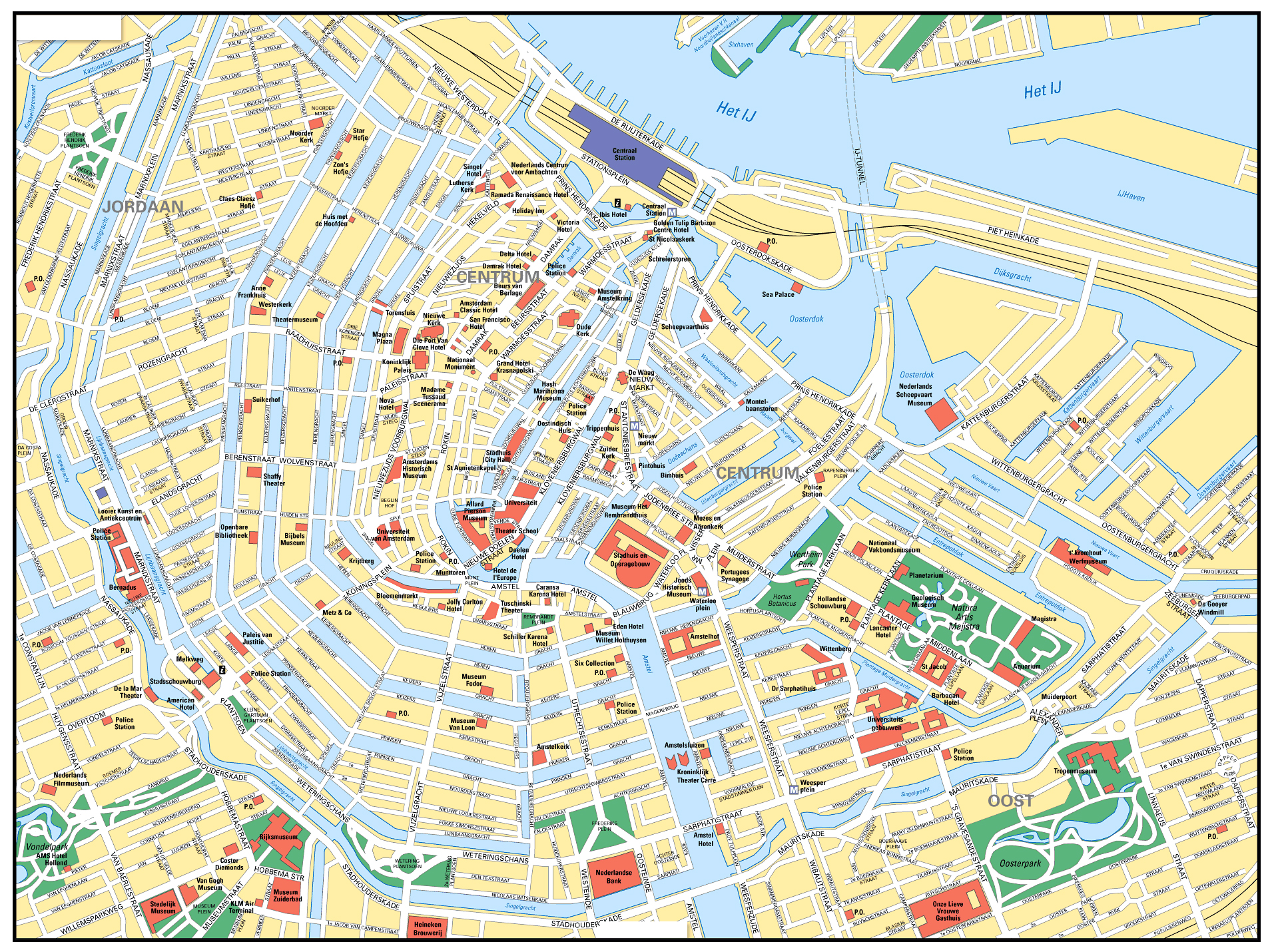 Large road map of central part of Amsterdam city with street names
