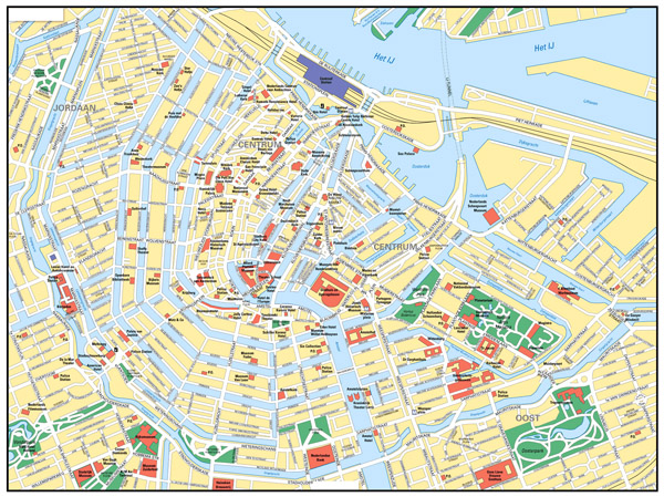 Large road map of central part of Amsterdam city with street names.