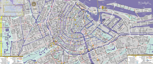 Large scale tourist attractions map of central part of Amsterdam city.