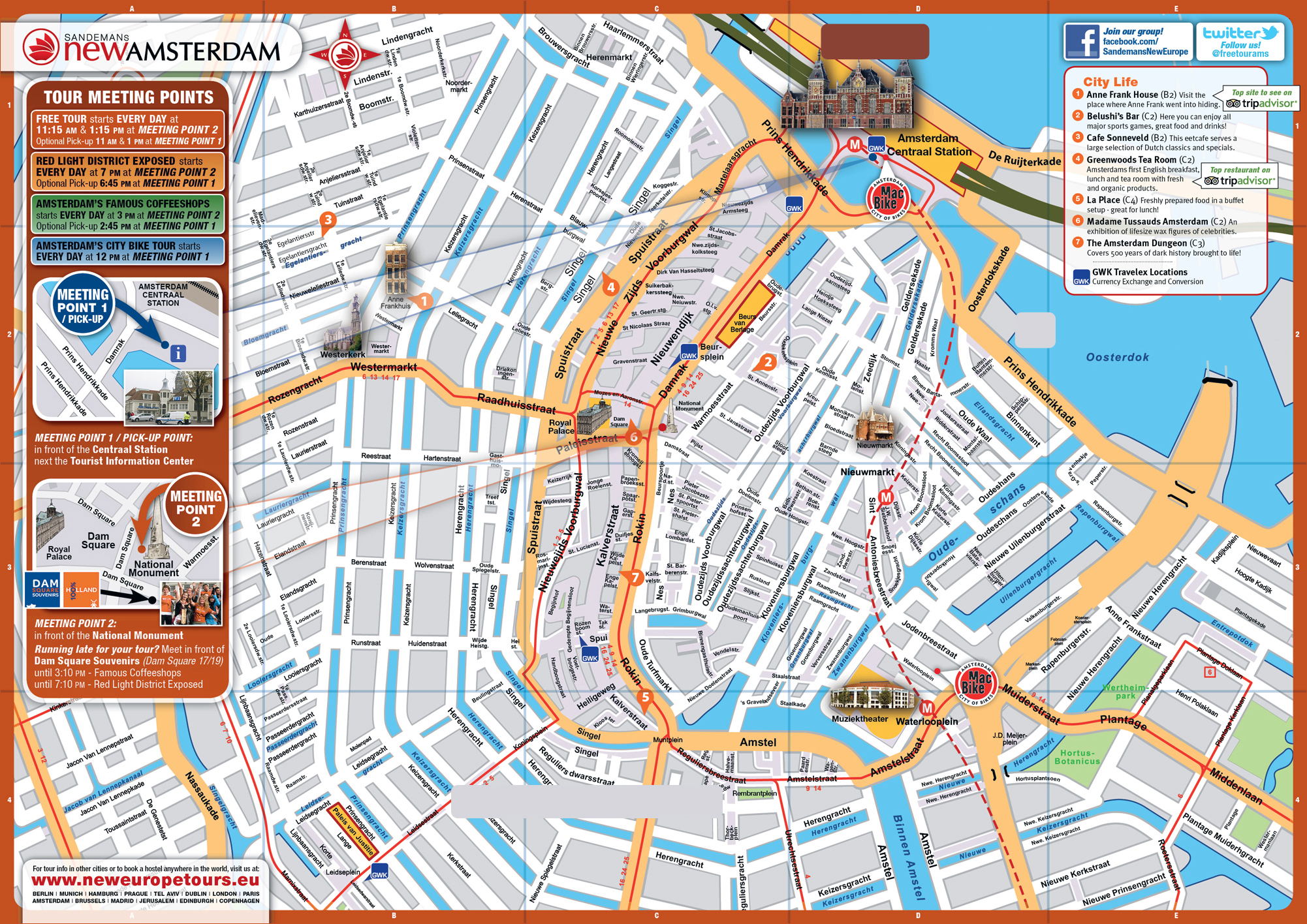 Large top tourist attractions map of central part of Amsterdam city | Vidiani.com | of all countries in one place