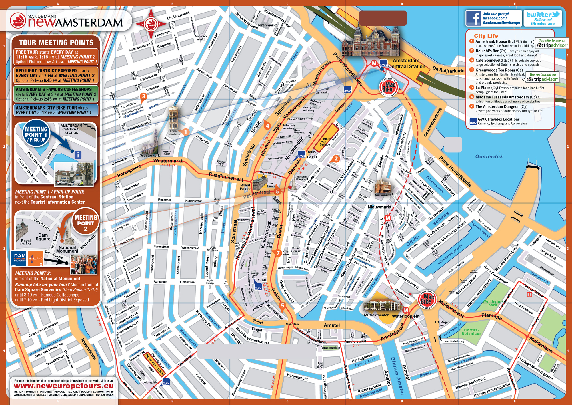 Large top tourist attractions map of central part of Amsterdam city