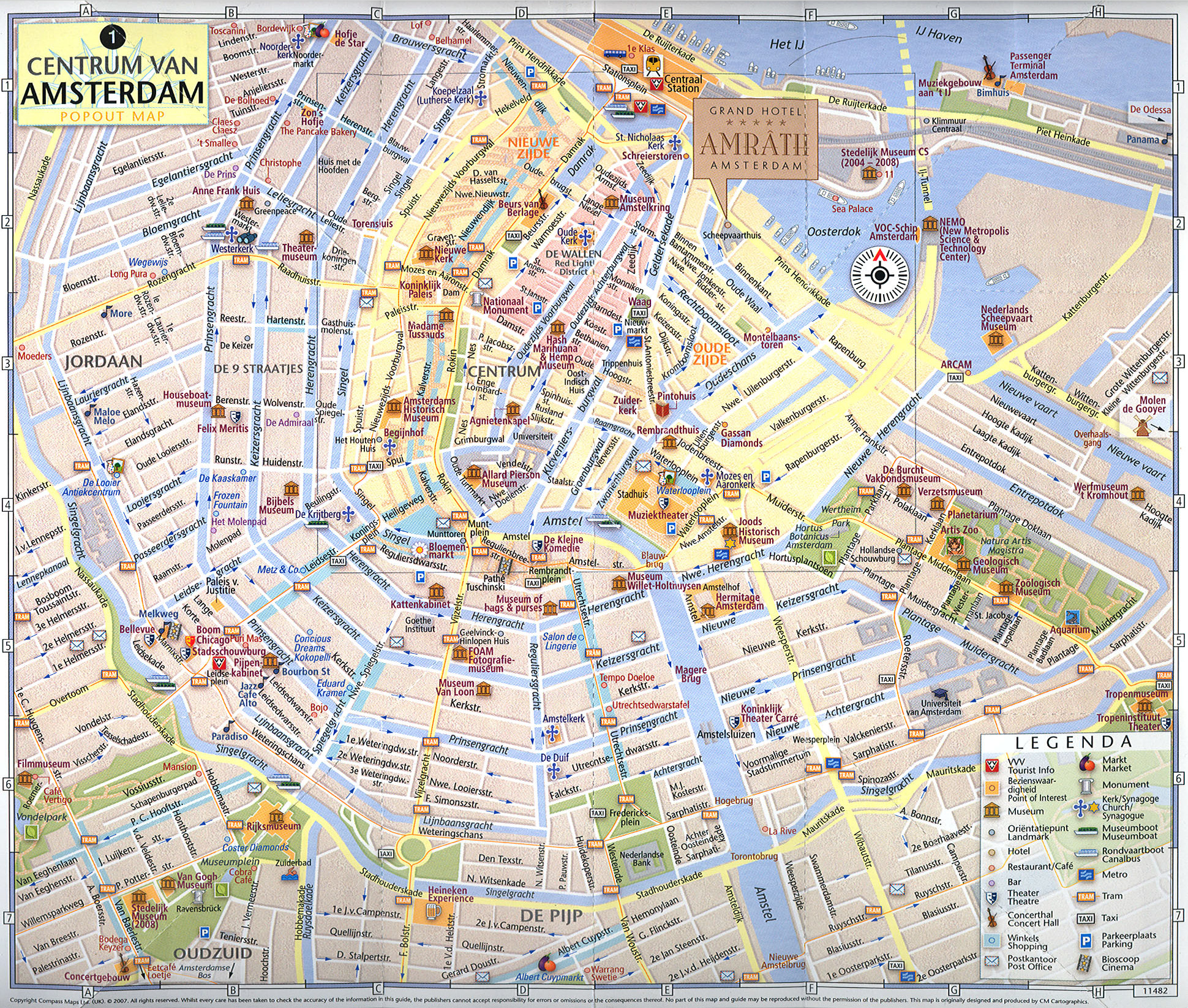 Large tourist map of central part of Amsterdam city | Vidiani.com