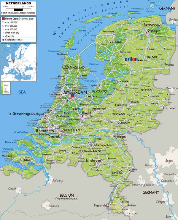 Large physical map of Netherlands with roads, cities and airports.