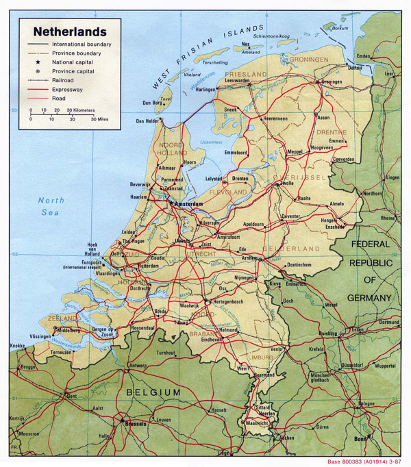 Large political and administrative map of Netherlands with relief, roads and major cities - 1987.