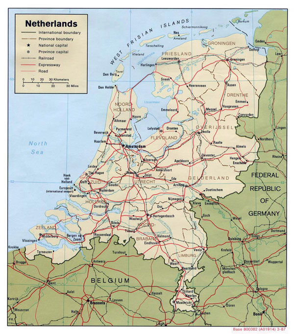 Large political and administrative map of Netherlands with roads and major cities - 1987.