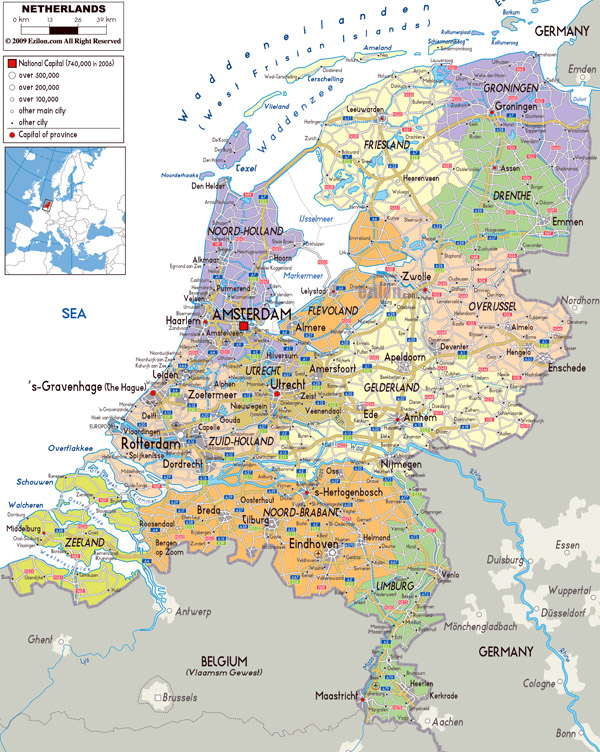 Large political and administrative map of Netherlands with roads, cities and airports.