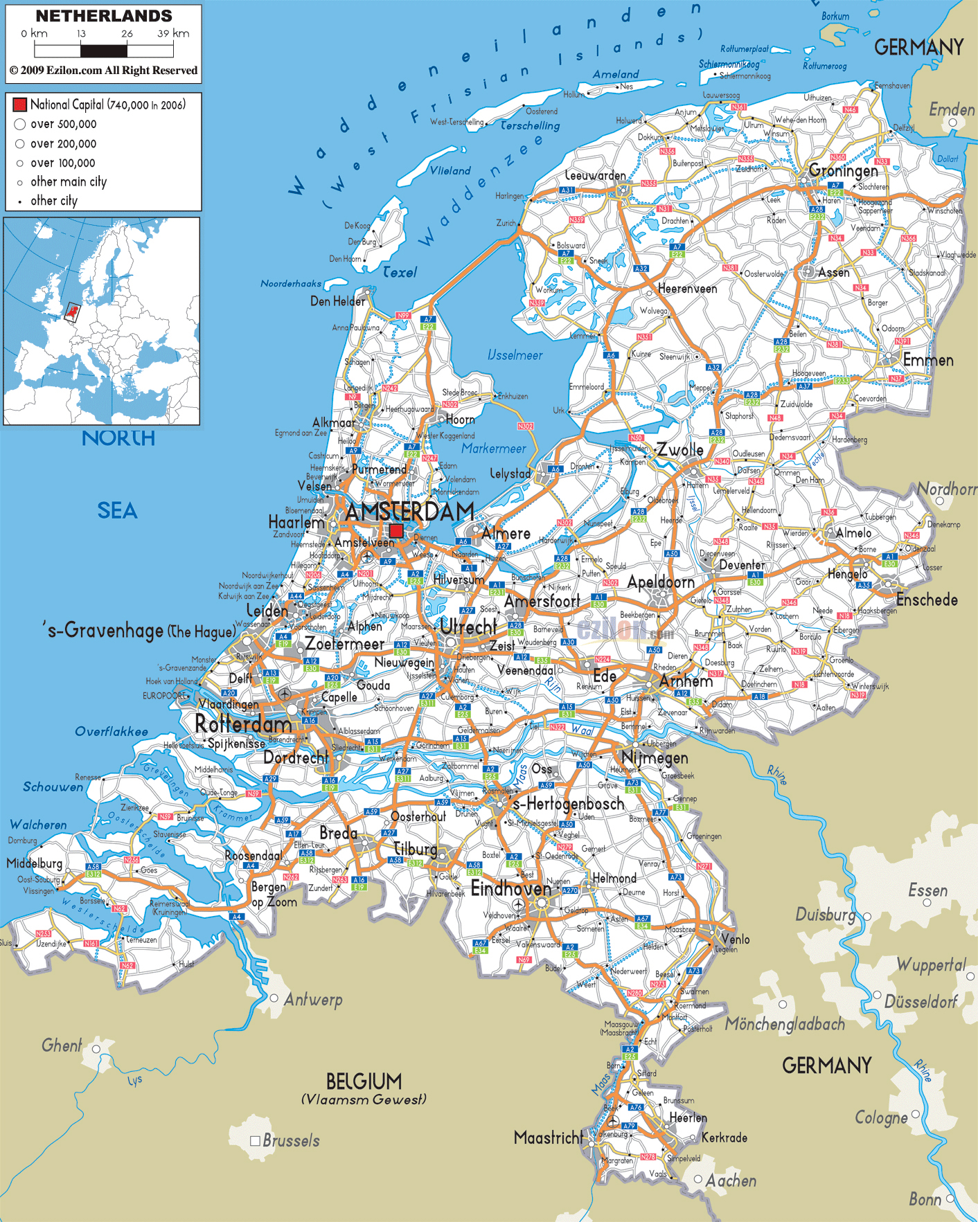 Large road map of Netherlands (Holland). Netherlands large road map