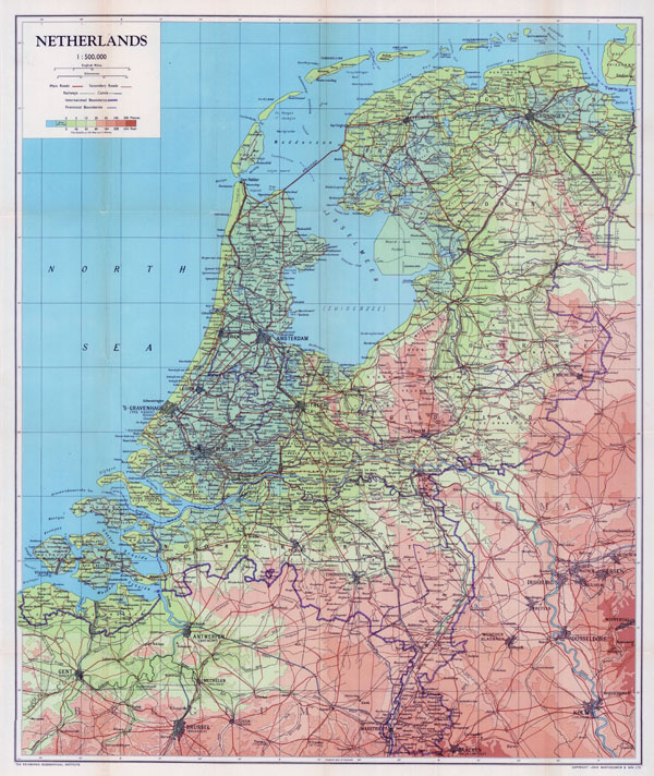 Large scale old physical map of Netherlands with all roads and cities - 1944.