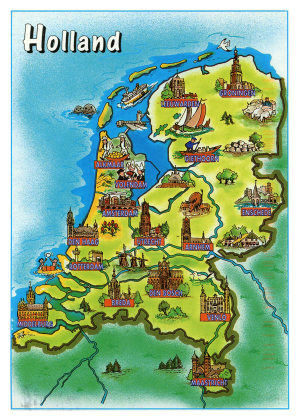 Large tourist illustrated map of Holland.