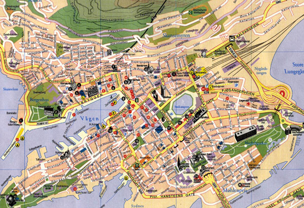 Roads map of central part of Bergen city, Norway. Bergen city central part roads map.